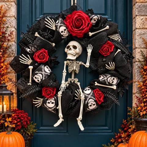 Roses & Restless Bones: Red Roses & Skeleton — Handmade Halloween Wreath