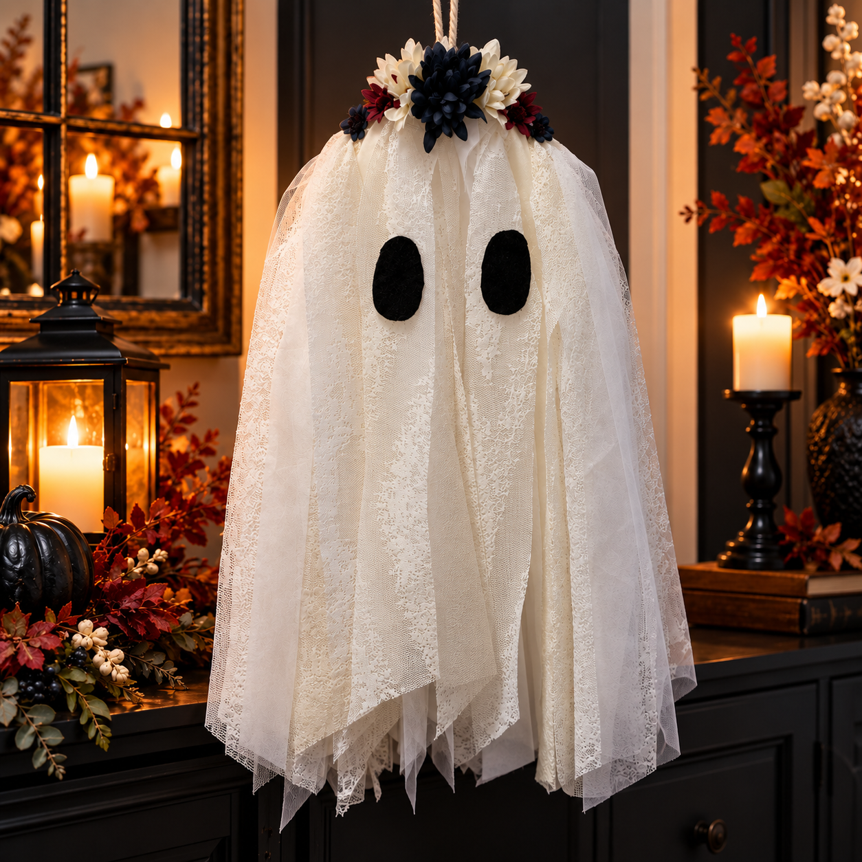 Boo in Bloom: Burgundy, Navy & Cream — Handmade Floral Ghost Door Hanger