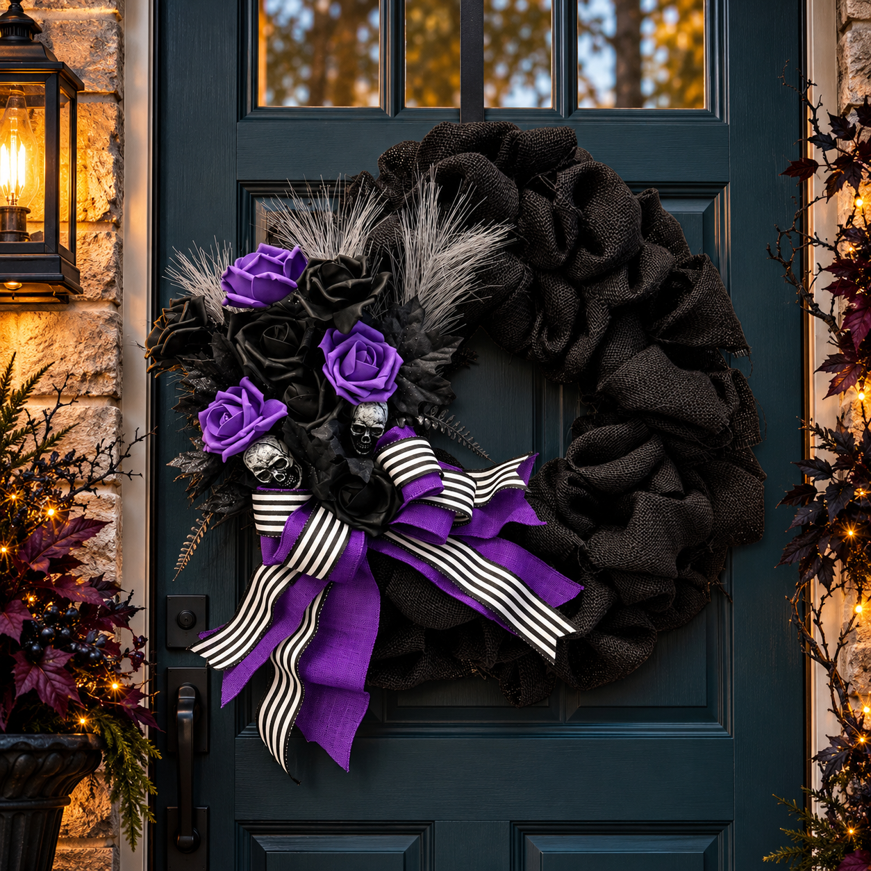 Roses & Restless Bones: Purple Roses & Striped Bow — Handmade Halloween Wreath