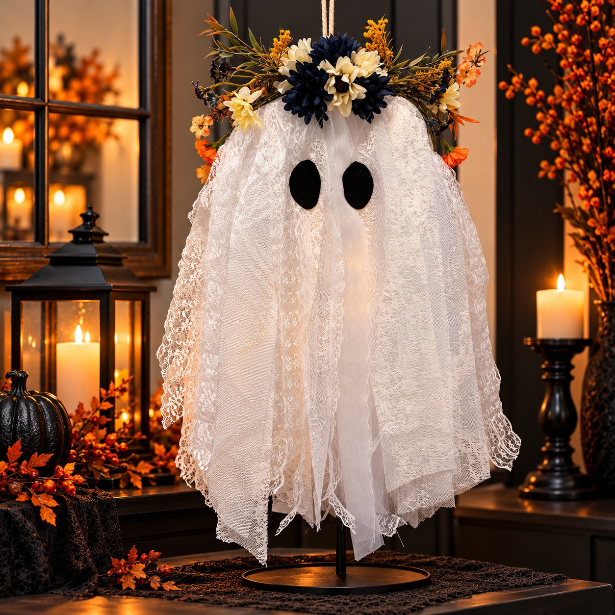 Boo in Bloom: Navy, Cream & Autumn Accents — Handmade Floral Ghost Door Hanger